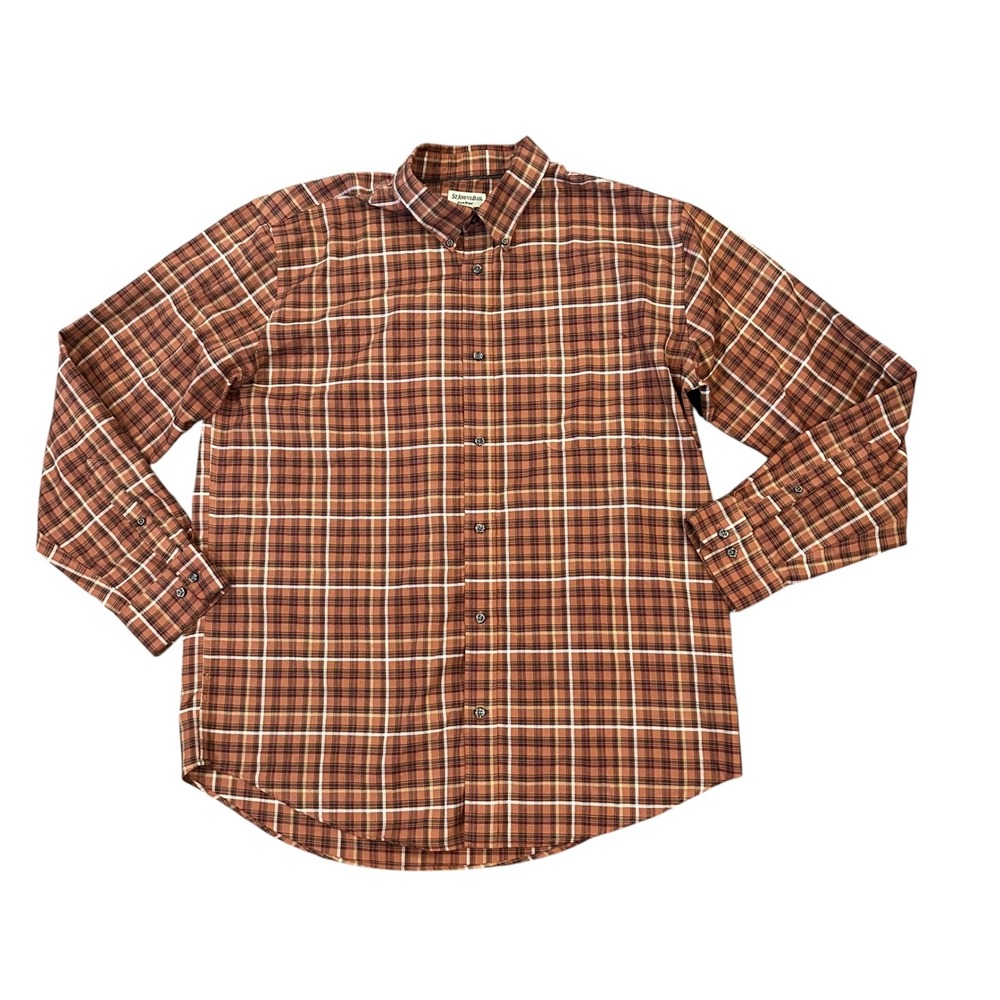 St Johns Bay Mens XL Tall Iron Free Plaid Button Down Shirt Brown Orange‎ Long